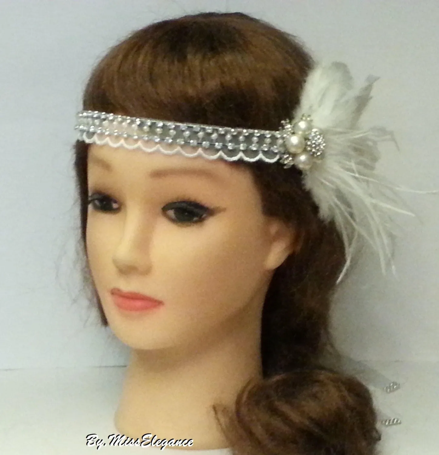 1920s 40s  boho Gatsby flapper headband Headpiece, Bridal White or Ivory fascinator with Crystal Beaded lace and Ostritch fringe Feather