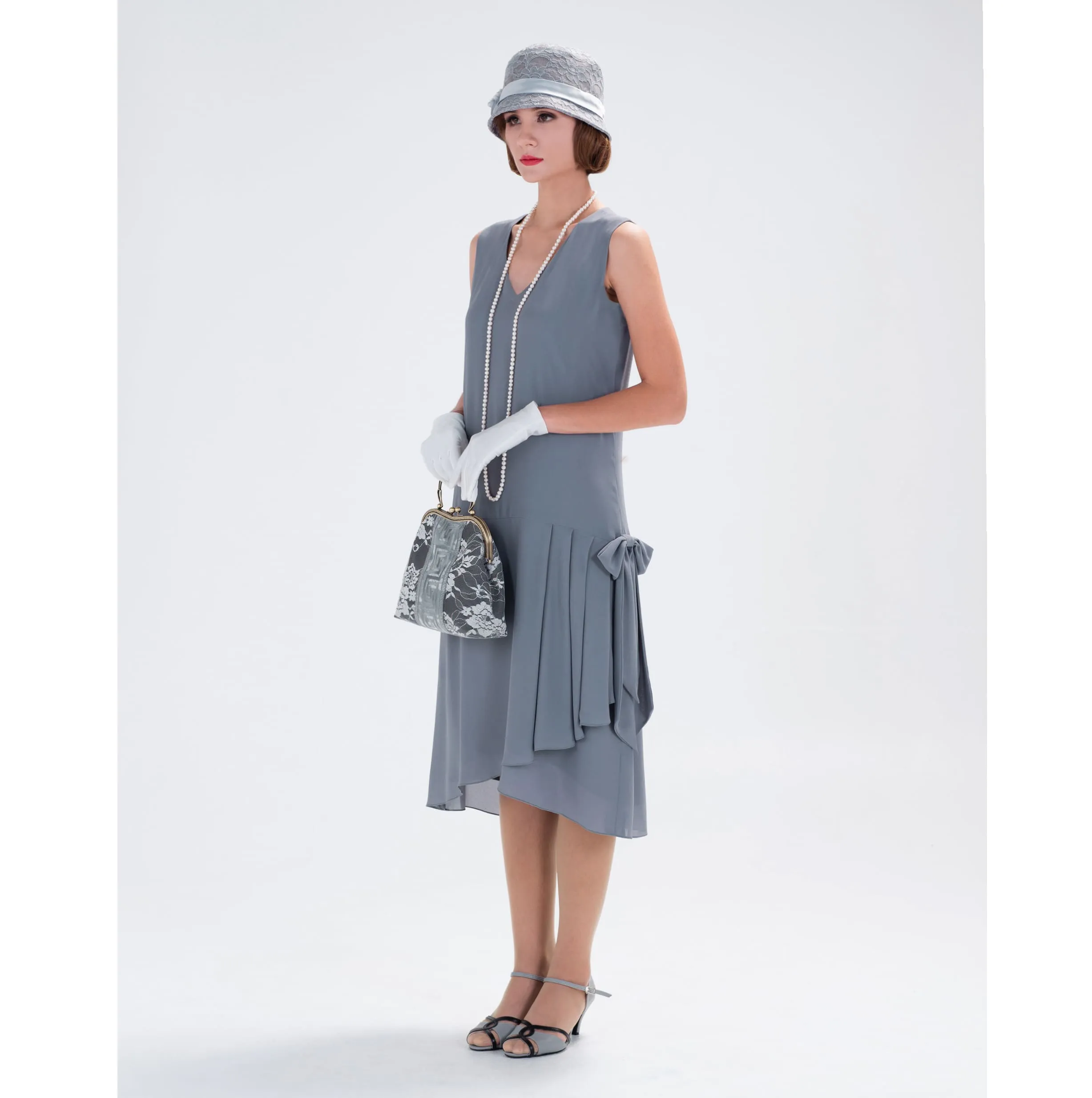 1920s dress in grey chiffon with drape and bow