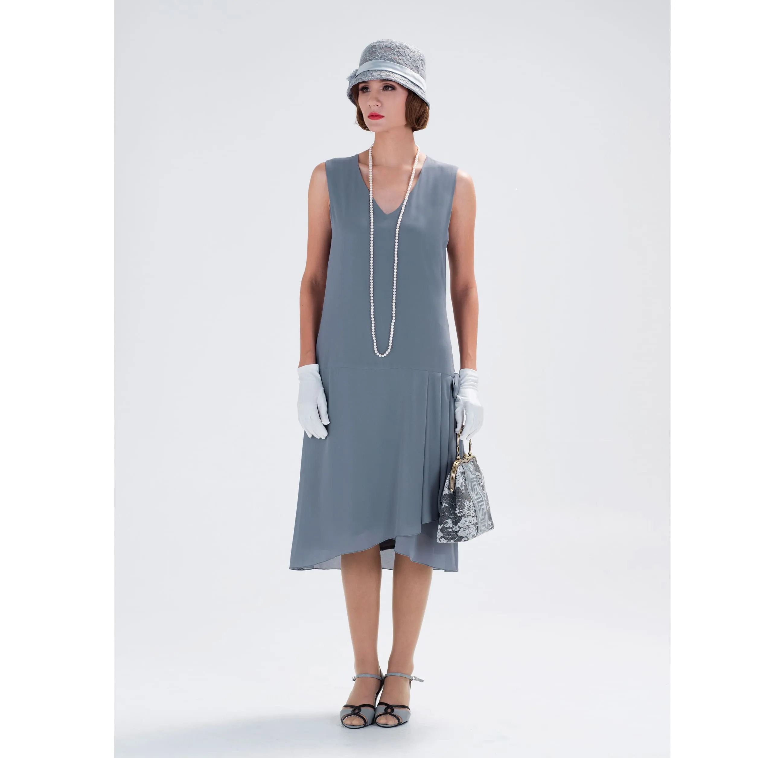 1920s dress in grey chiffon with drape and bow