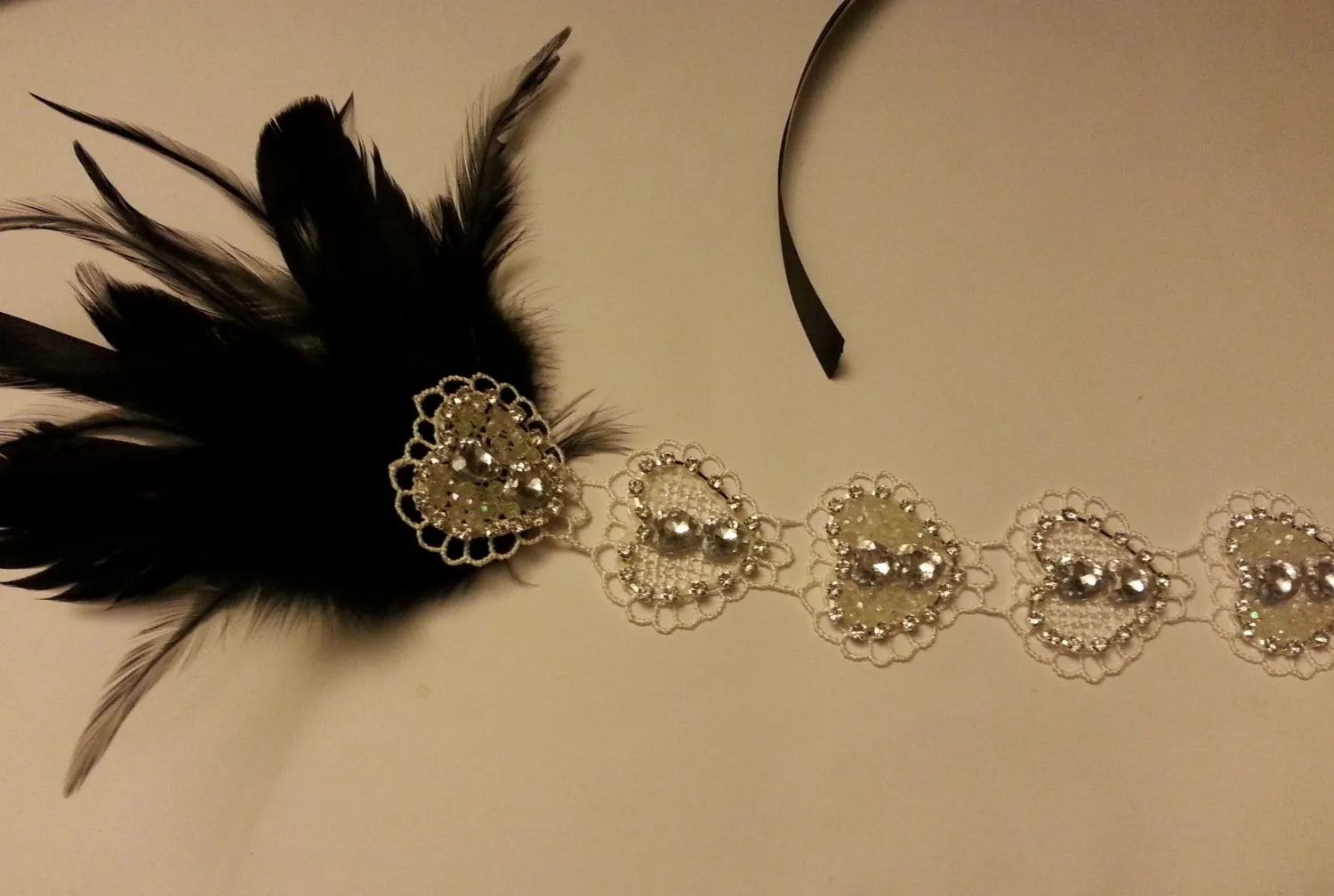 1920s Flapper Headpiece, Bridal Gatsby Headband Crystal Beaded Heart Motif forehead Headband Vintage 1920's-40's sparkly Feather headband