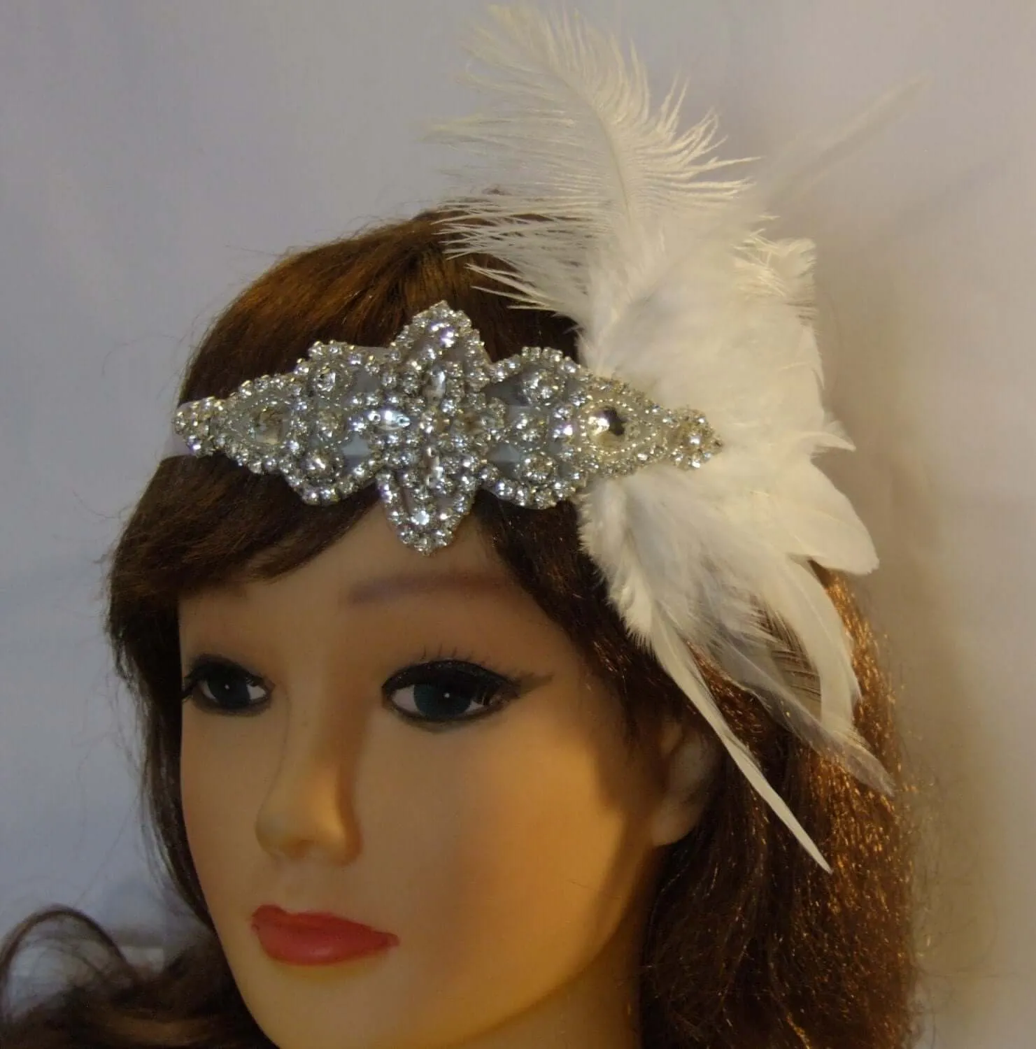 1920s Flapper Headpiece, Gatsby Headband, Crystal Beaded Great Gatsby Headband, Vintage 1920s-40s sparkly headband, Feather fascinator