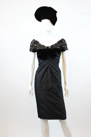 1950s couture SILK and LACE wiggle folded dress xxs | new fall winter