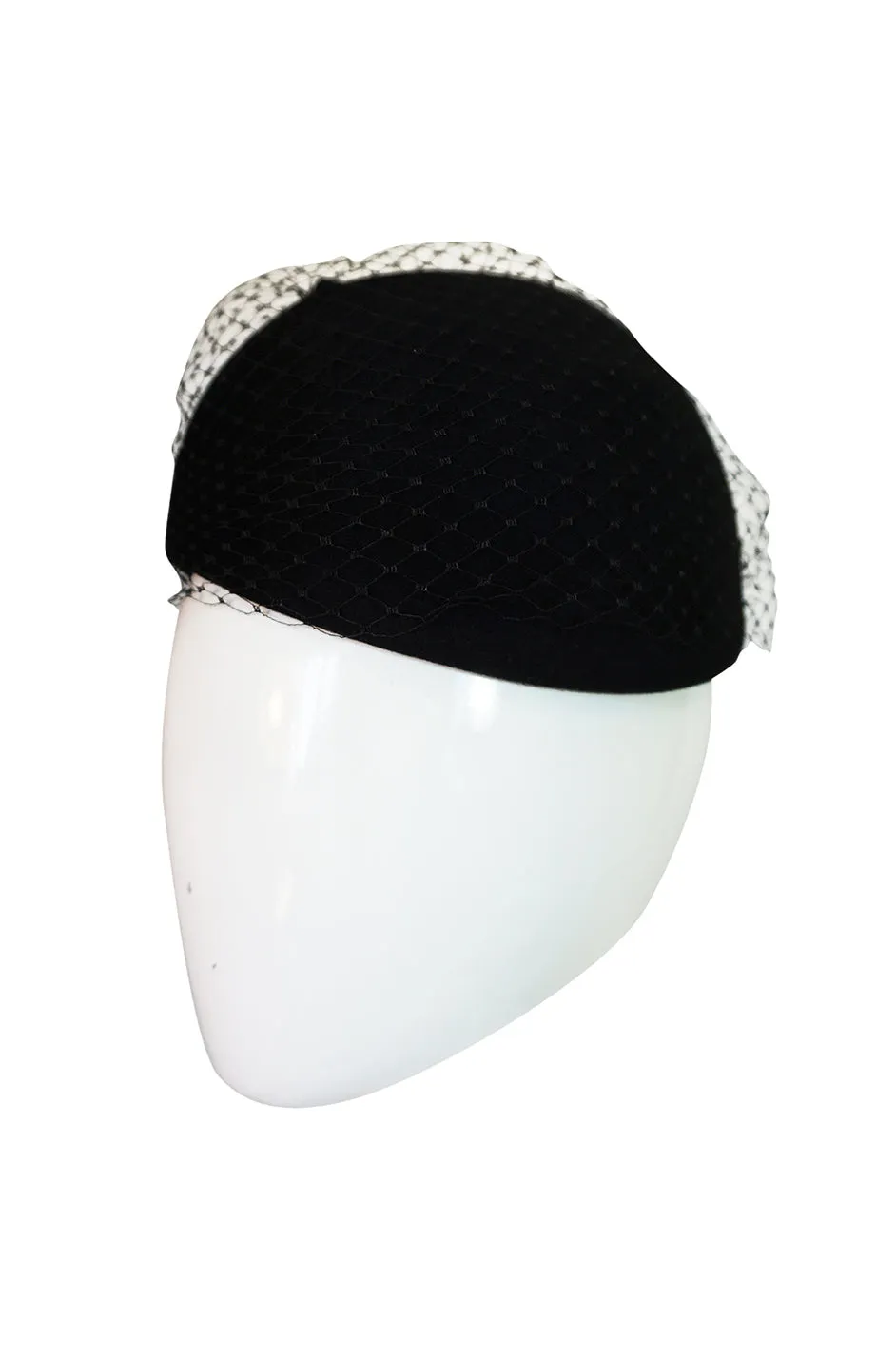 1970s Halston Black Felt and Netted Rounded Pill Box Hat