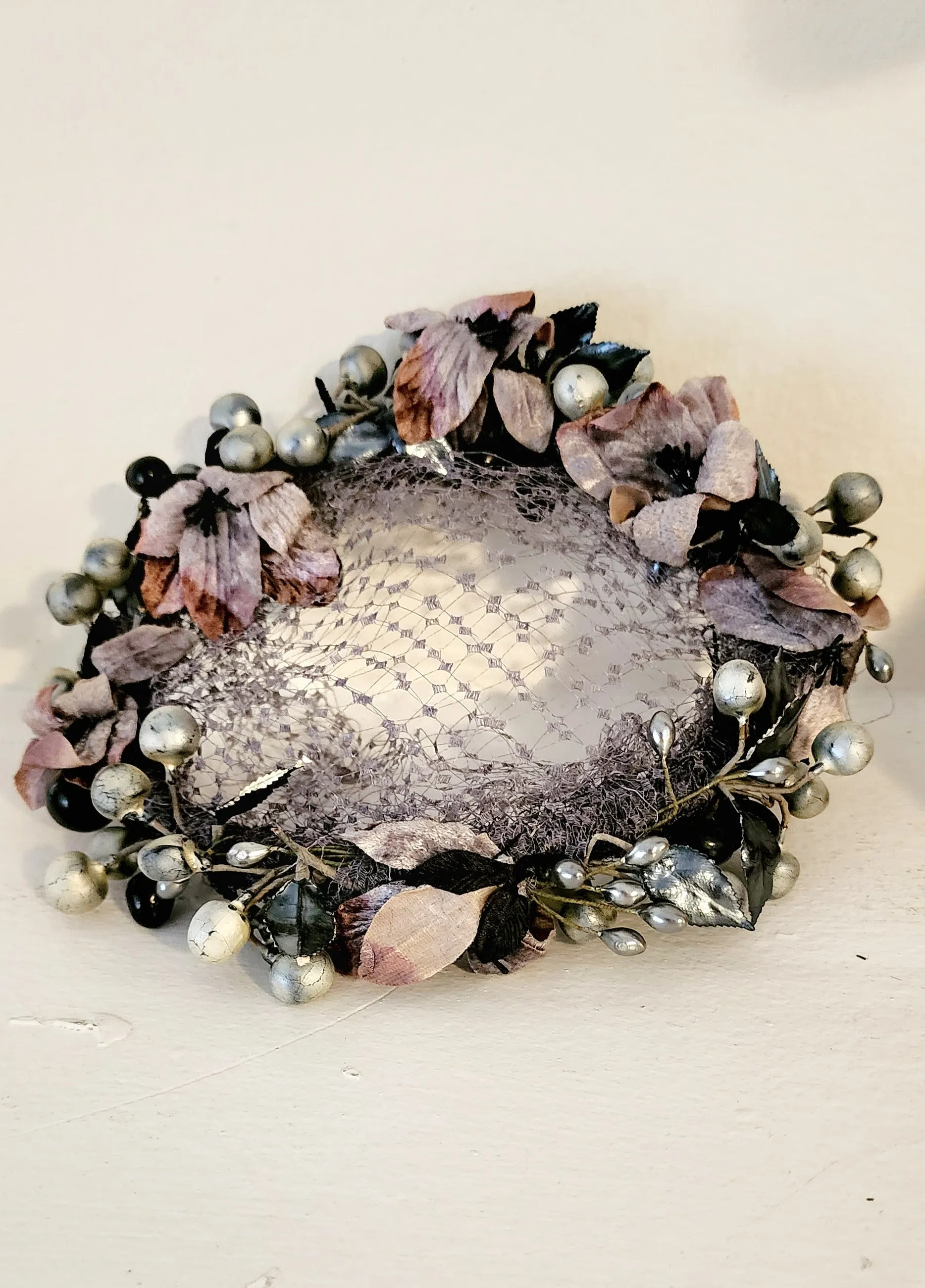 50s Silver Black Floral Crown Fascinator Headpiece Hat