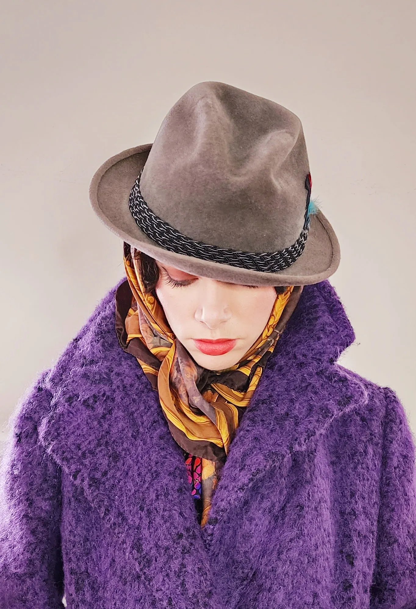 60s Mens Gray Fedora w/Feather in Brushed Wool by Mallory
