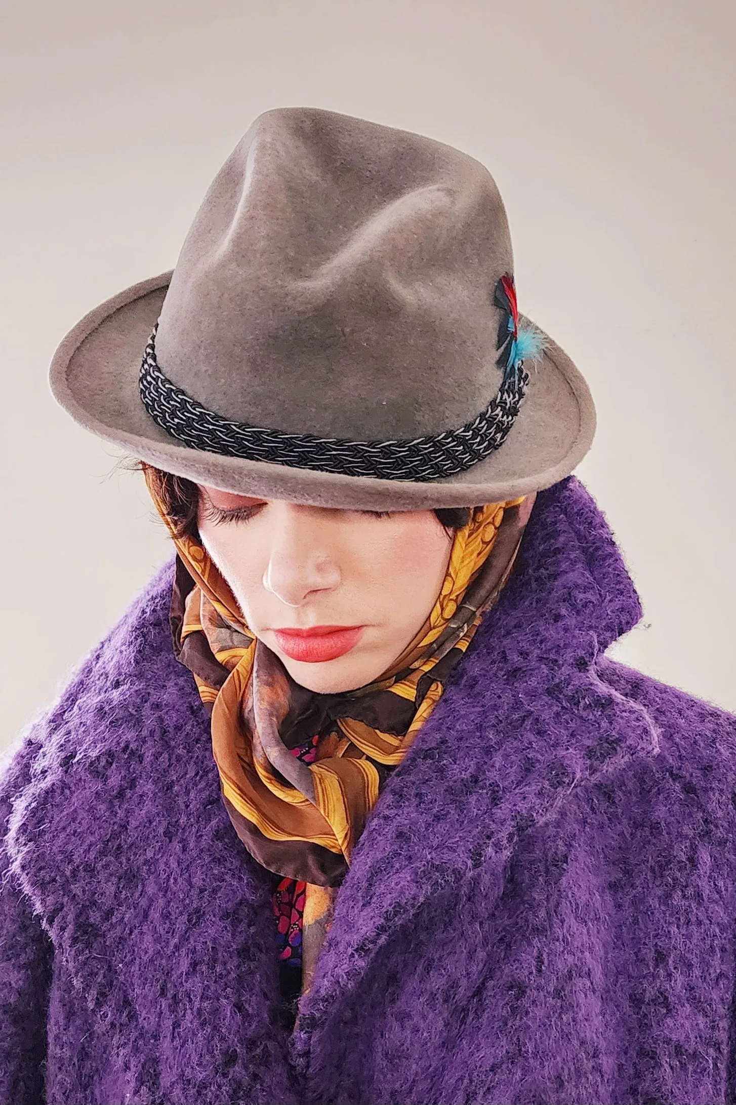 60s Mens Gray Fedora w/Feather in Brushed Wool by Mallory