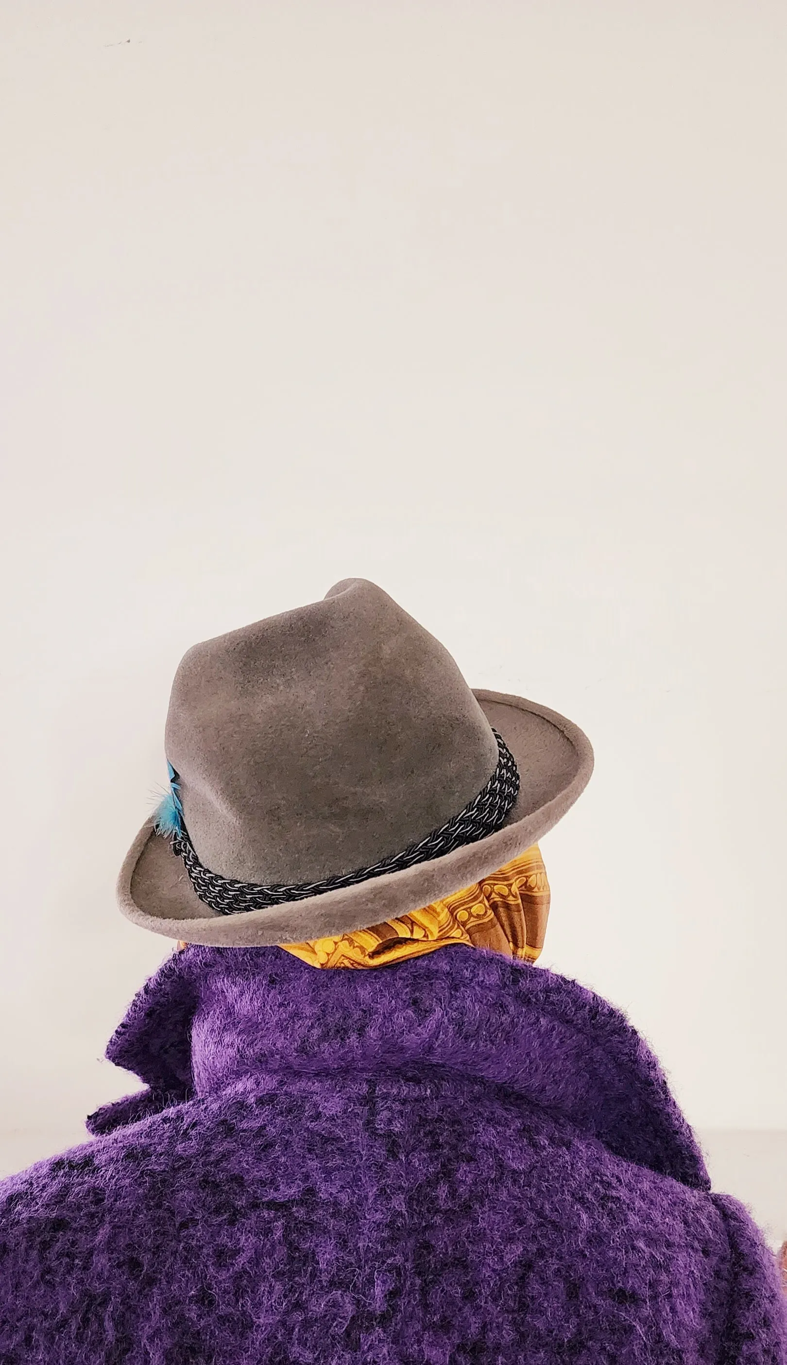 60s Mens Gray Fedora w/Feather in Brushed Wool by Mallory