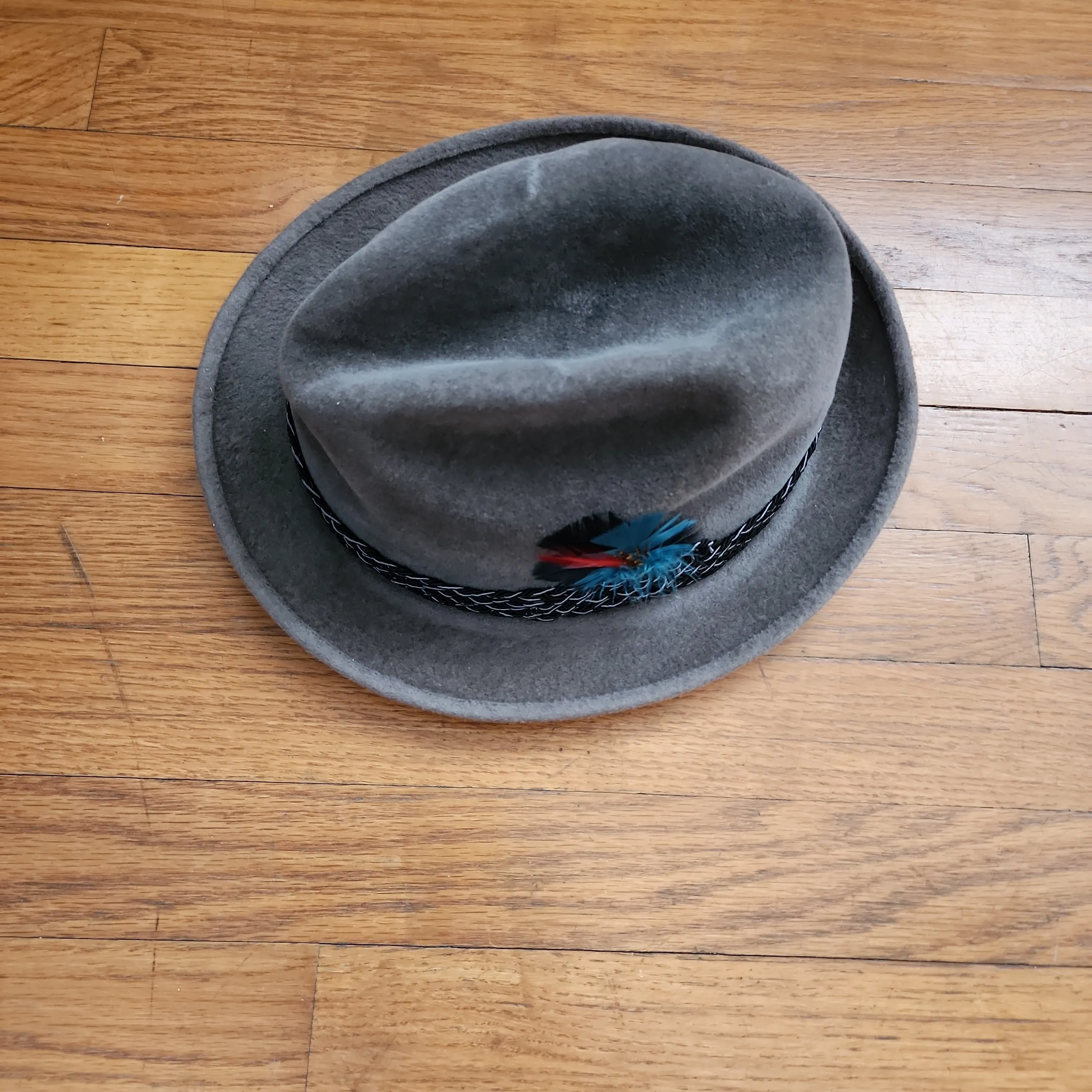 60s Mens Gray Fedora w/Feather in Brushed Wool by Mallory