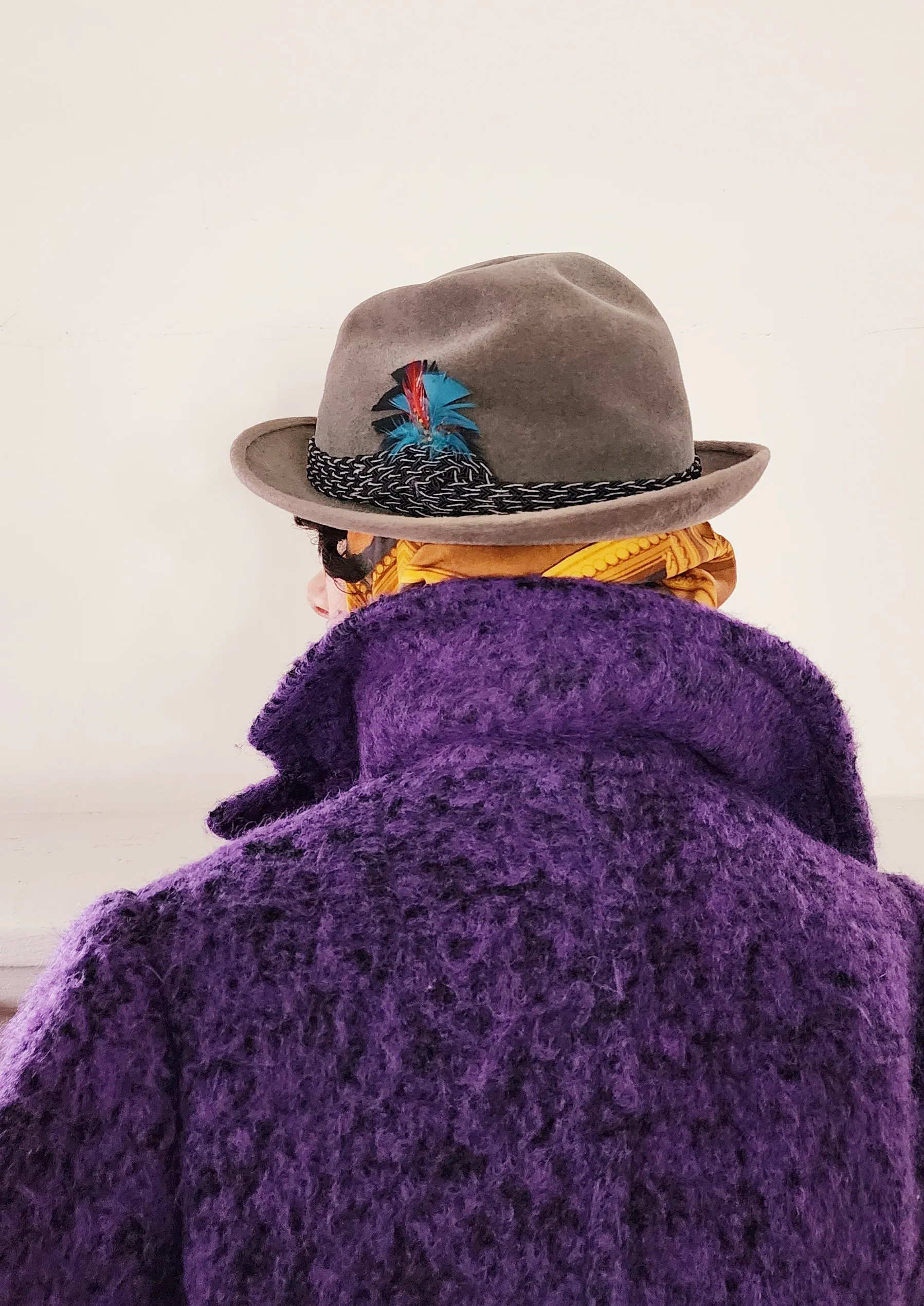 60s Mens Gray Fedora w/Feather in Brushed Wool by Mallory