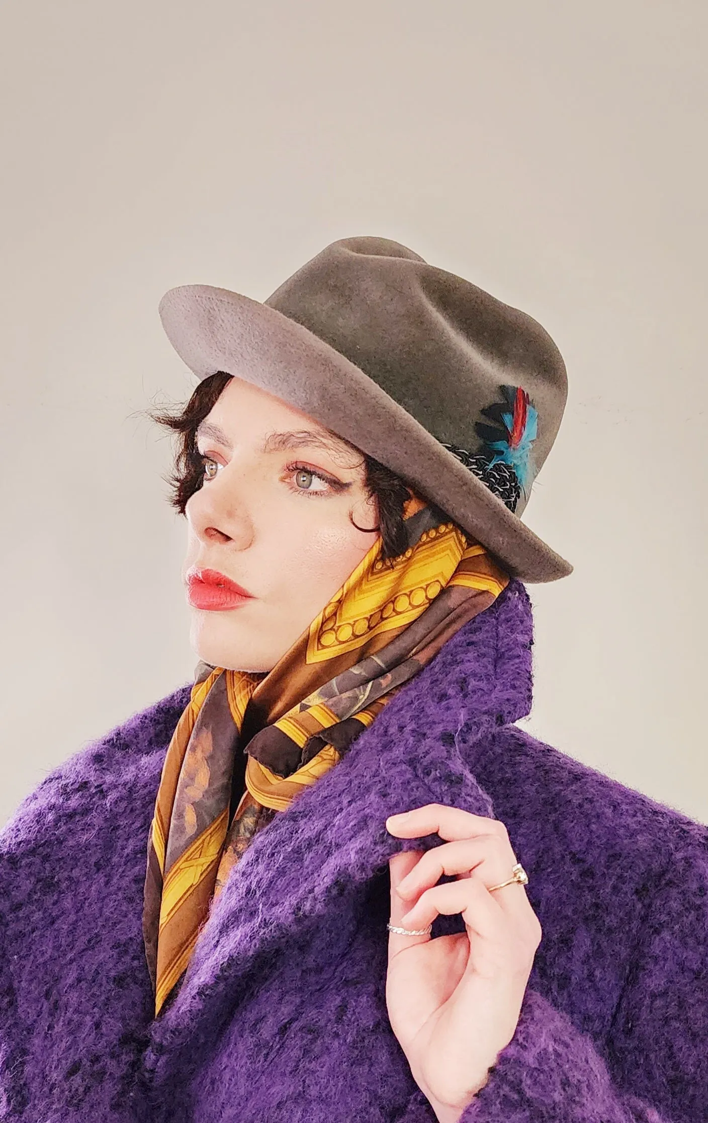 60s Mens Gray Fedora w/Feather in Brushed Wool by Mallory
