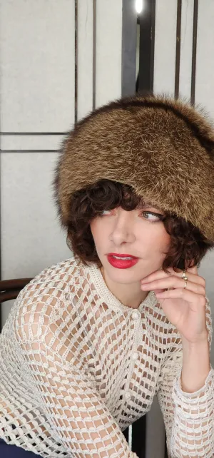 70s 80s Brown Fox Fur Hat Marshall Field