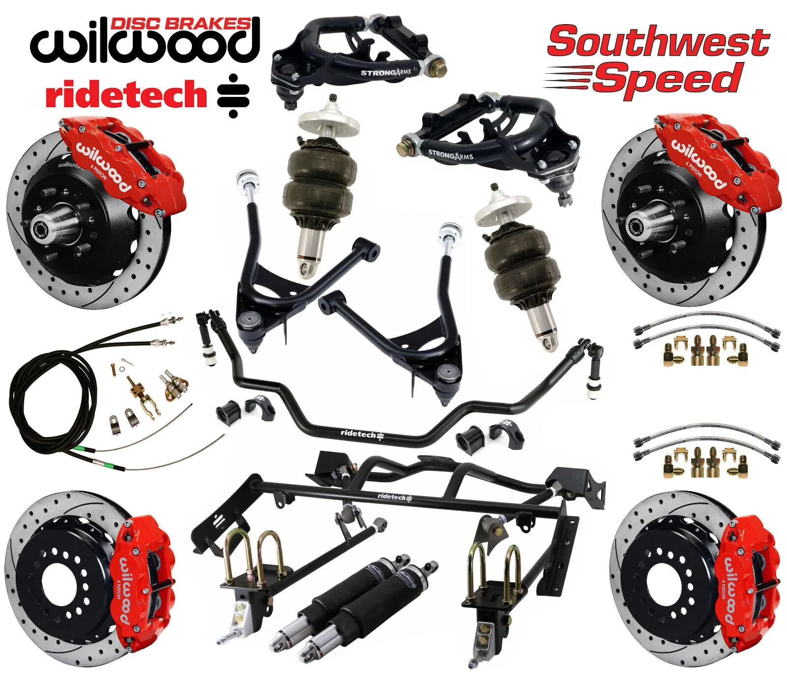 AIR RIDE & 4-LINK SYSTEM,ARMS,WILWOOD 13" DRILLED BRAKES,RED CALIPERS,67-70 COUG