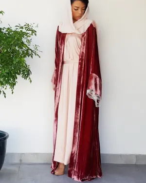 AW17 DEEP PEACH SILK VELVET ABAYA WITH VINTAGE LACE