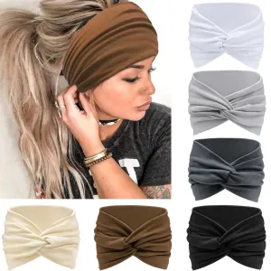 Awumbuk Wide Headbands for Women Knotted No Slip Head Bands Soft Turban Headband Hair Accessories Boho African Solid Color Head Wraps for Women Yoga Workout Pack of 6（Brown）