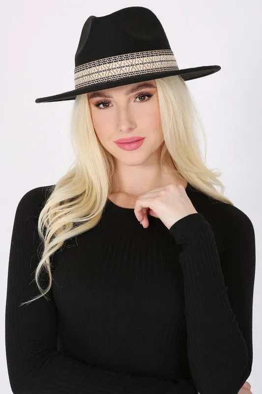 Benedita Boho Fedora Hat - Embroidered Band, Black or Taupe