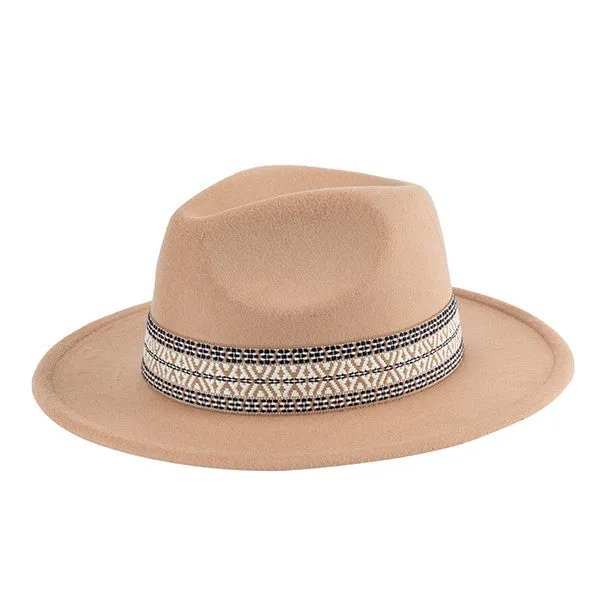 Benedita Boho Fedora Hat - Embroidered Band, Black or Taupe