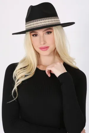 Benedita Boho Fedora Hat - Embroidered Band, Black or Taupe