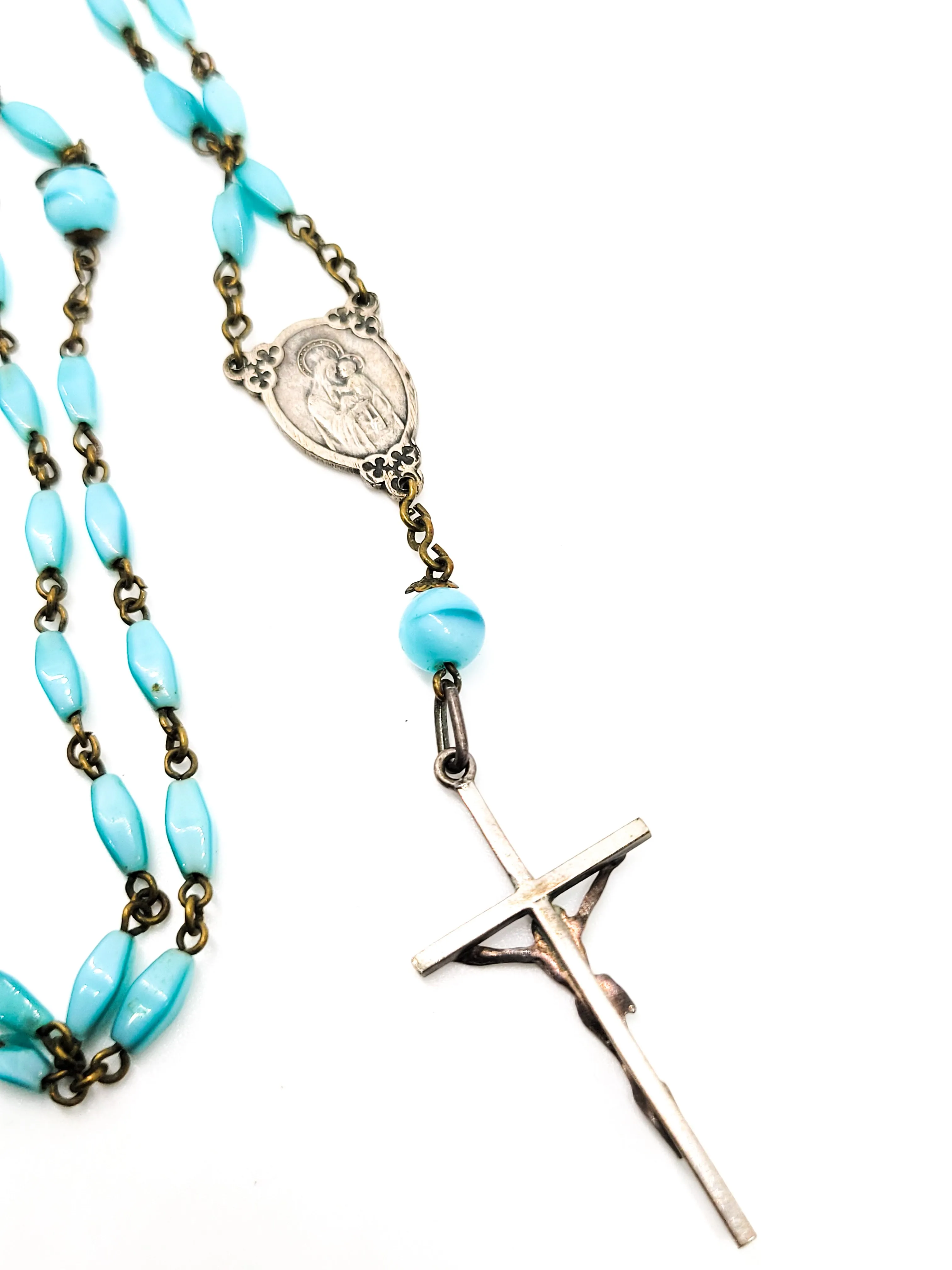 Blue satin glass vintage silver toned crucifix with clover accents