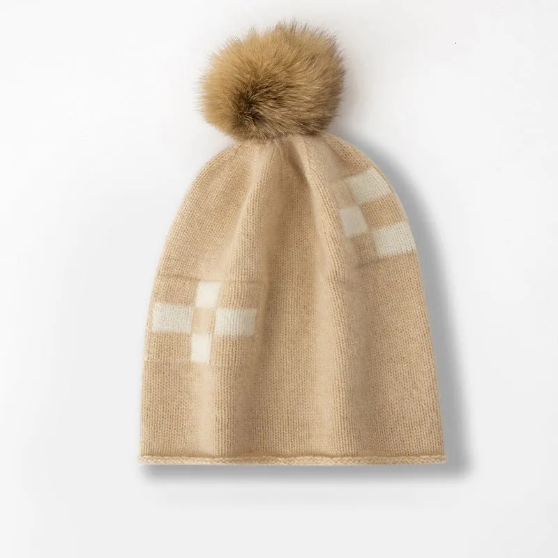 Cashmere Geometric Pom-pom Hat Cashmere Knitted Beanie One Size