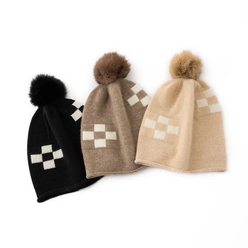 Cashmere Geometric Pom-pom Hat Cashmere Knitted Beanie One Size