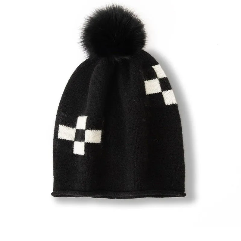 Cashmere Geometric Pom-pom Hat Cashmere Knitted Beanie One Size