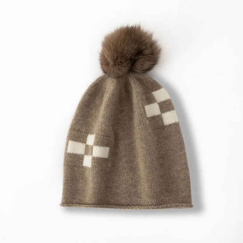 Cashmere Geometric Pom-pom Hat Cashmere Knitted Beanie One Size