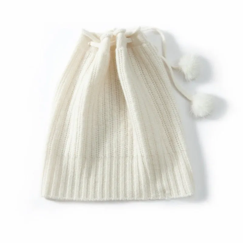 Cashmere Pom-Pom Beanie Hat With Drawstring Closure Thick Ribbing Hats