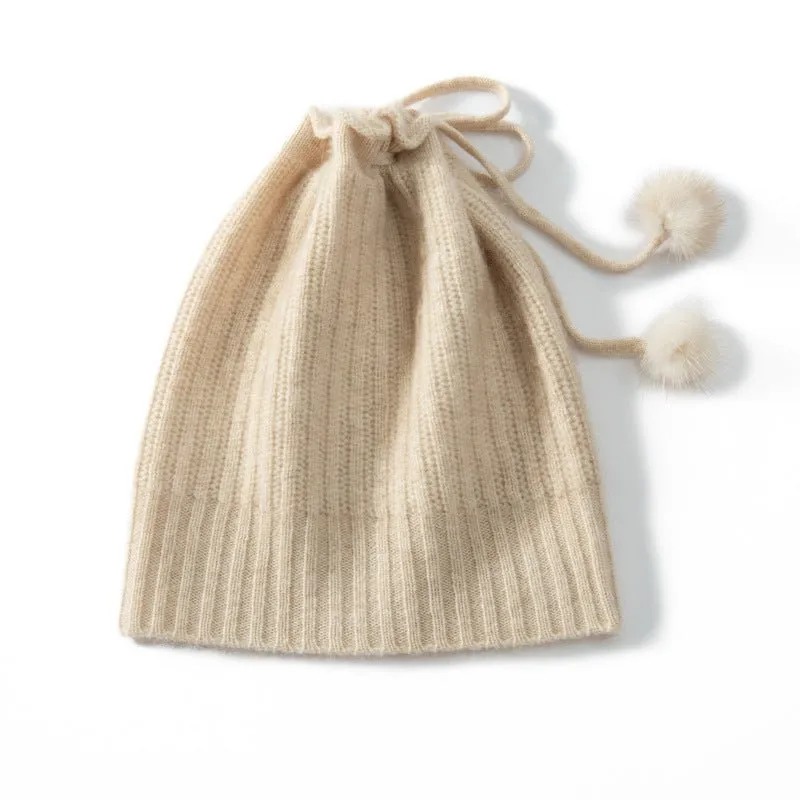 Cashmere Pom-Pom Beanie Hat With Drawstring Closure Thick Ribbing Hats