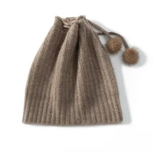 Cashmere Pom-Pom Beanie Hat With Drawstring Closure Thick Ribbing Hats