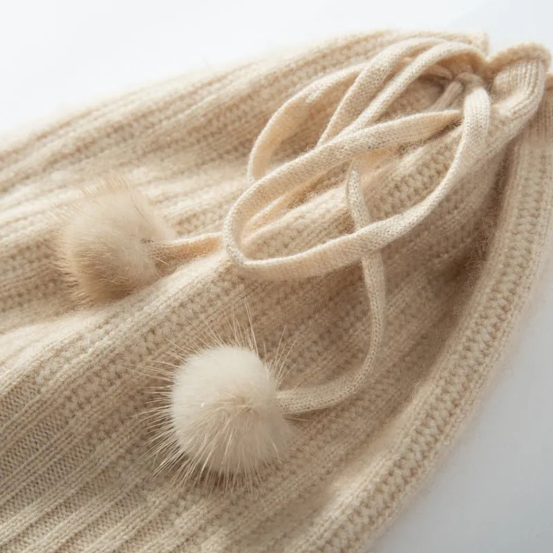 Cashmere Pom-Pom Beanie Hat With Drawstring Closure Thick Ribbing Hats