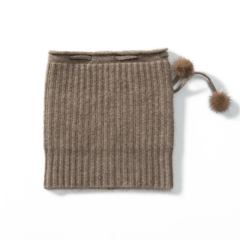 Cashmere Pom-Pom Beanie Hat With Drawstring Closure Thick Ribbing Hats
