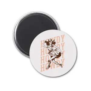 Cowgirl Magnet - Adorable 3-inch round fridge magnet featuring a retro cowgirl & pink "Howdy," a cute gift for any sassy friend!