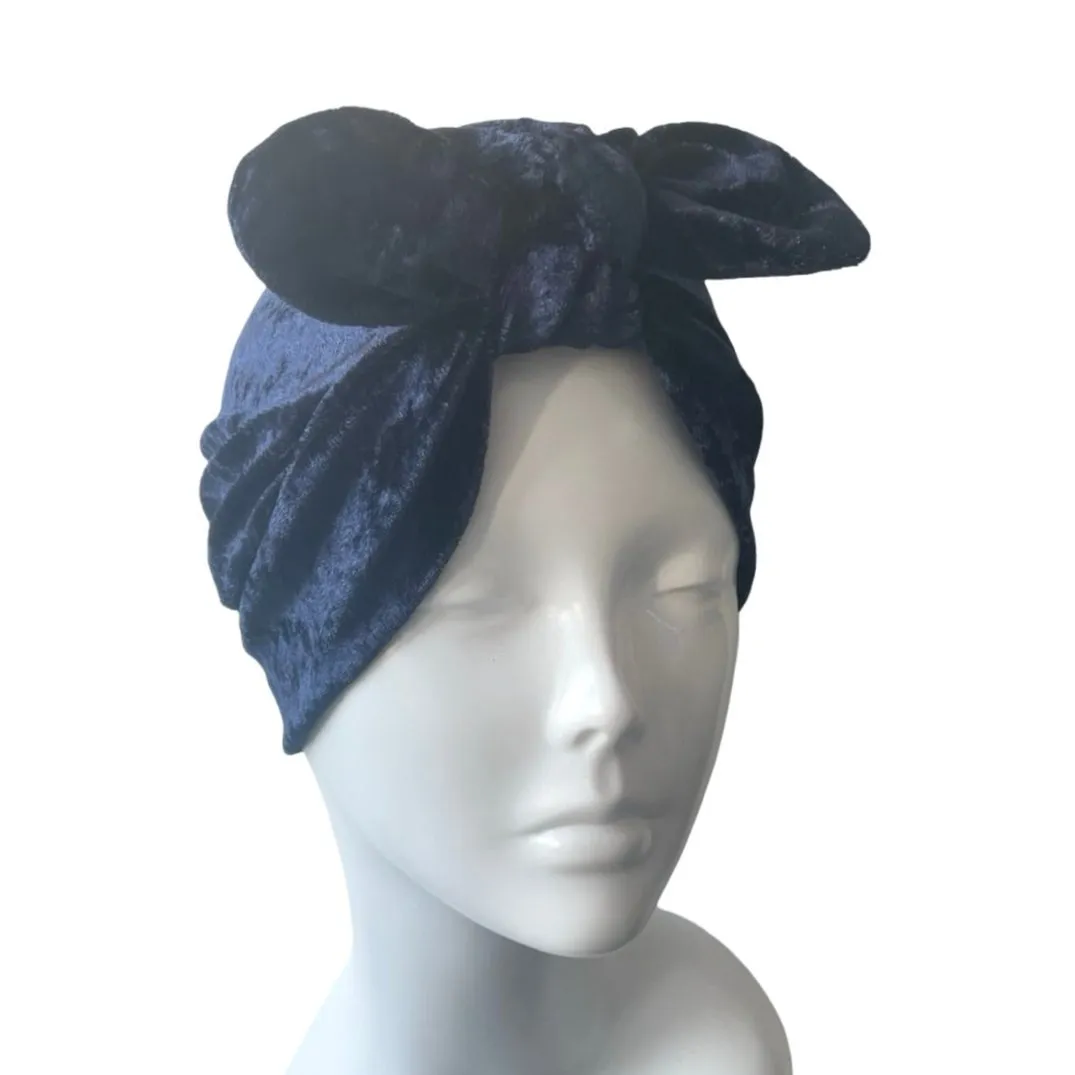 Dark Blue Soft Stretchy Velvet Bow Turban