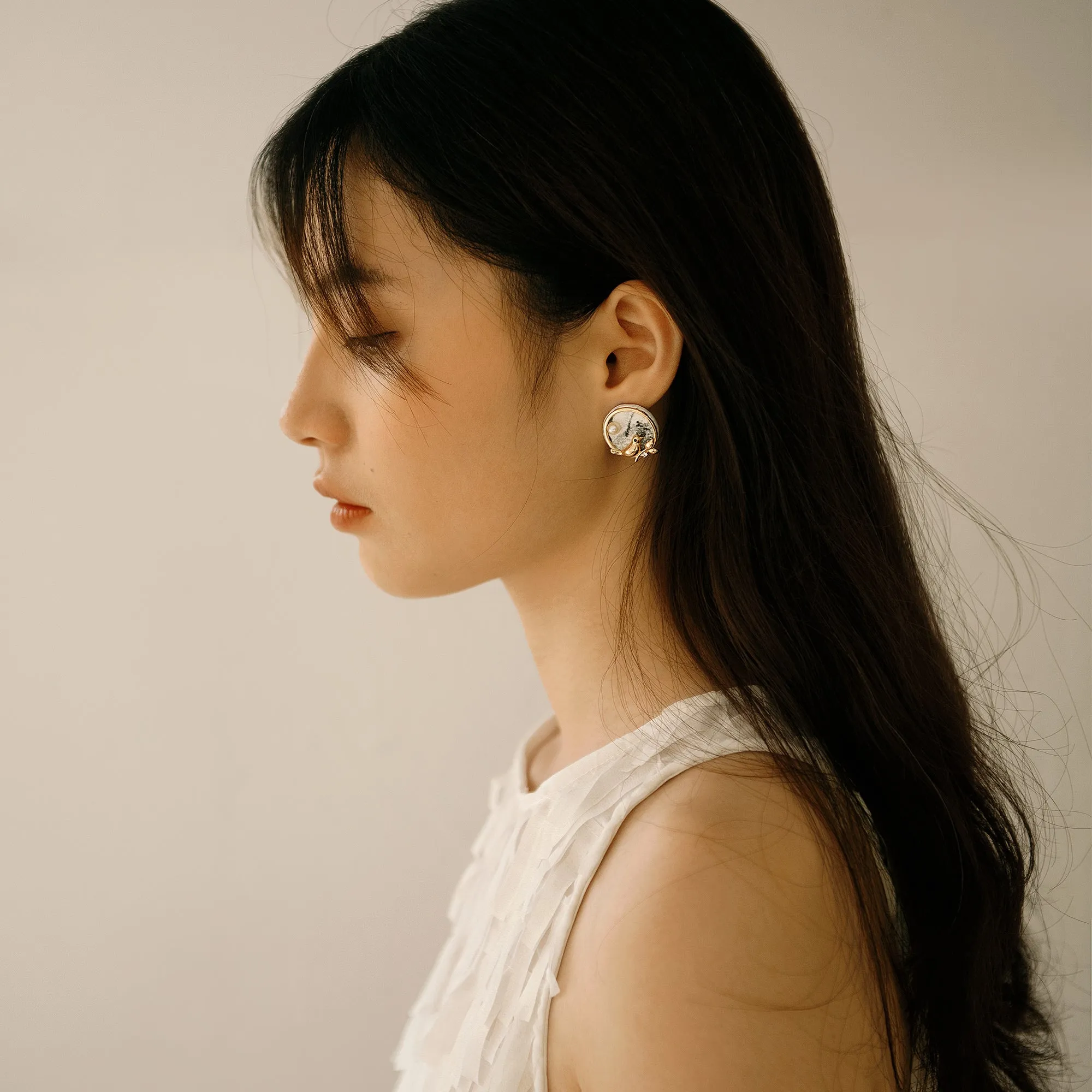DIY Leather Kits - Bird At the Window Style Earring of Chinese Traditional Ink Painting Pearl