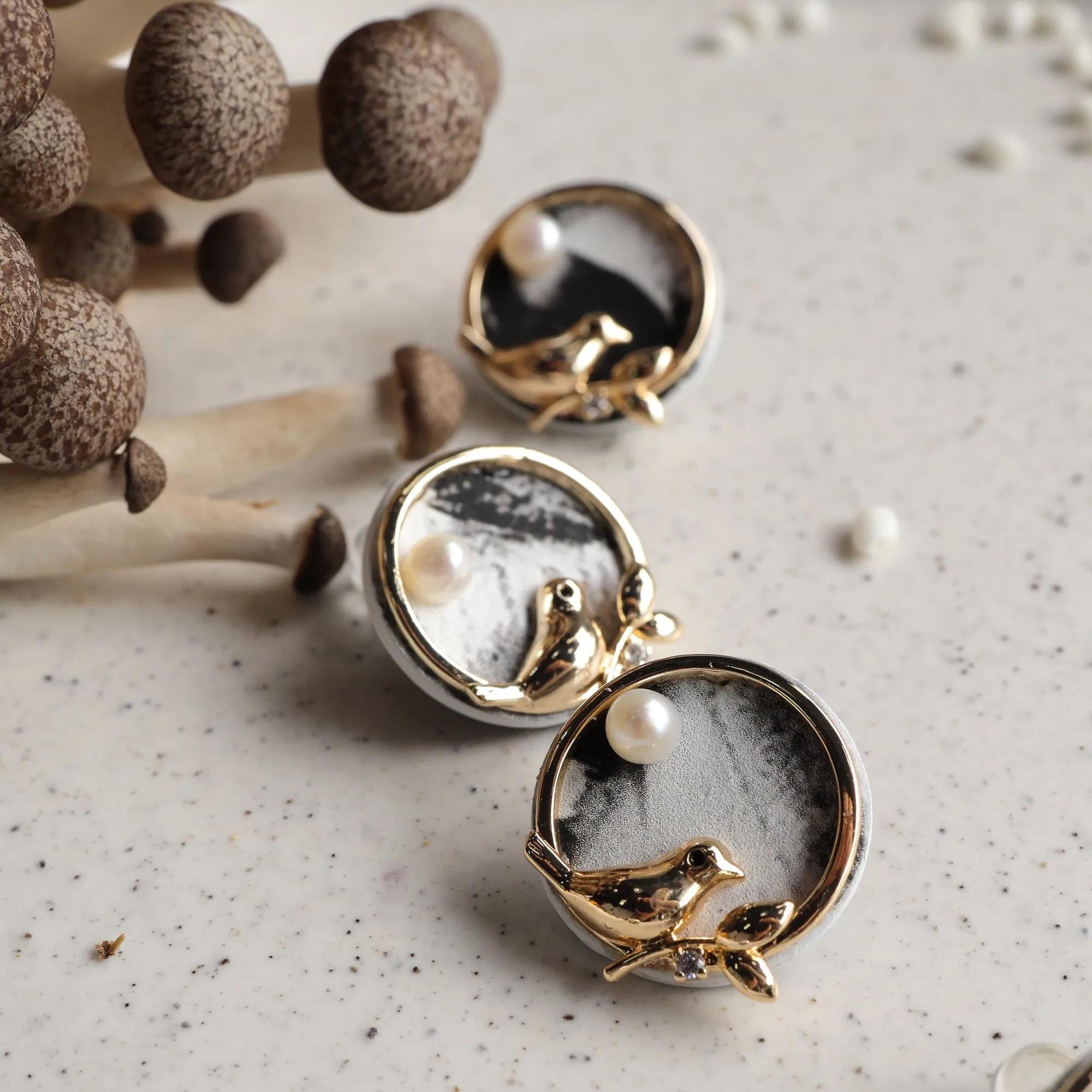 DIY Leather Kits - Bird At the Window Style Earring of Chinese Traditional Ink Painting Pearl