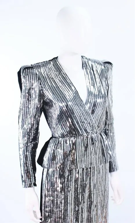 ESTEVEZ Silver Sequin and Velvet Gown Peplum Size 2