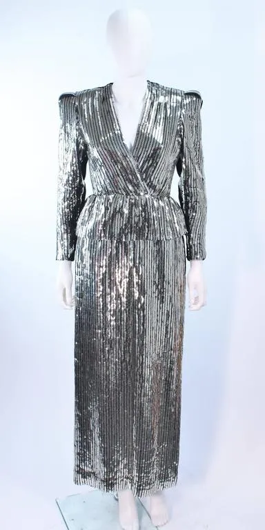 ESTEVEZ Silver Sequin and Velvet Gown Peplum Size 2