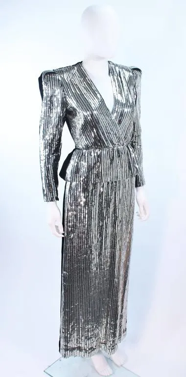 ESTEVEZ Silver Sequin and Velvet Gown Peplum Size 2