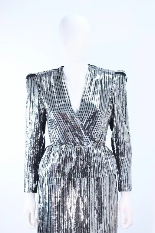 ESTEVEZ Silver Sequin and Velvet Gown Peplum Size 2