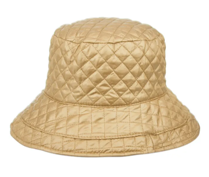 Foldable Water Repellent Diamond-Quilted Quilted Rain Hat w/Adjustable Drawstring Bucket Hat