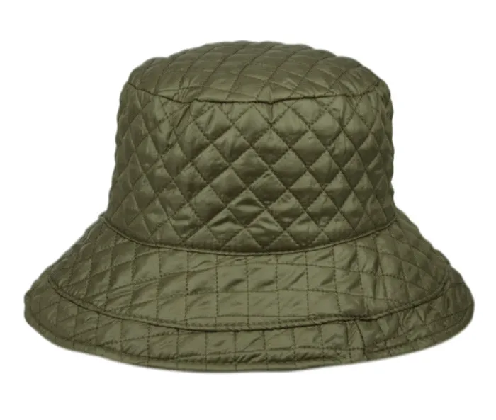 Foldable Water Repellent Diamond-Quilted Quilted Rain Hat w/Adjustable Drawstring Bucket Hat