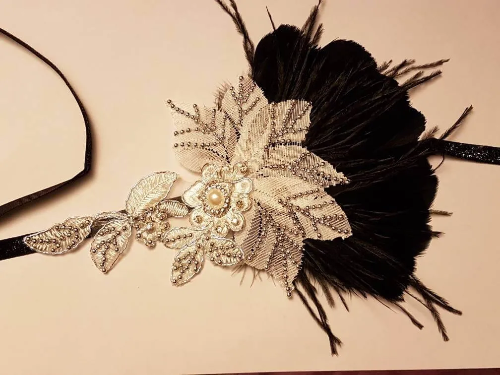Gatsby Headband, 1920s Flapper Headpiece, Bridal wedding fascinator, Crystal Beaded Gatsby Feather Headband, 1920s 40s sparkly boho headband