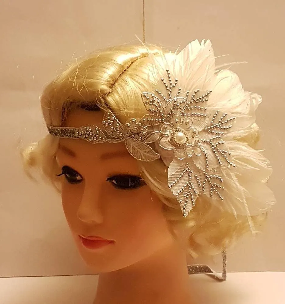 Gatsby Headband, 1920s Flapper Headpiece, Bridal wedding fascinator, Crystal Beaded Gatsby Feather Headband, 1920s 40s sparkly boho headband