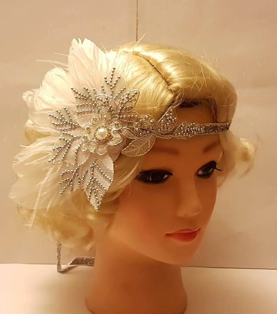 Gatsby Headband, 1920s Flapper Headpiece, Bridal wedding fascinator, Crystal Beaded Gatsby Feather Headband, 1920s 40s sparkly boho headband