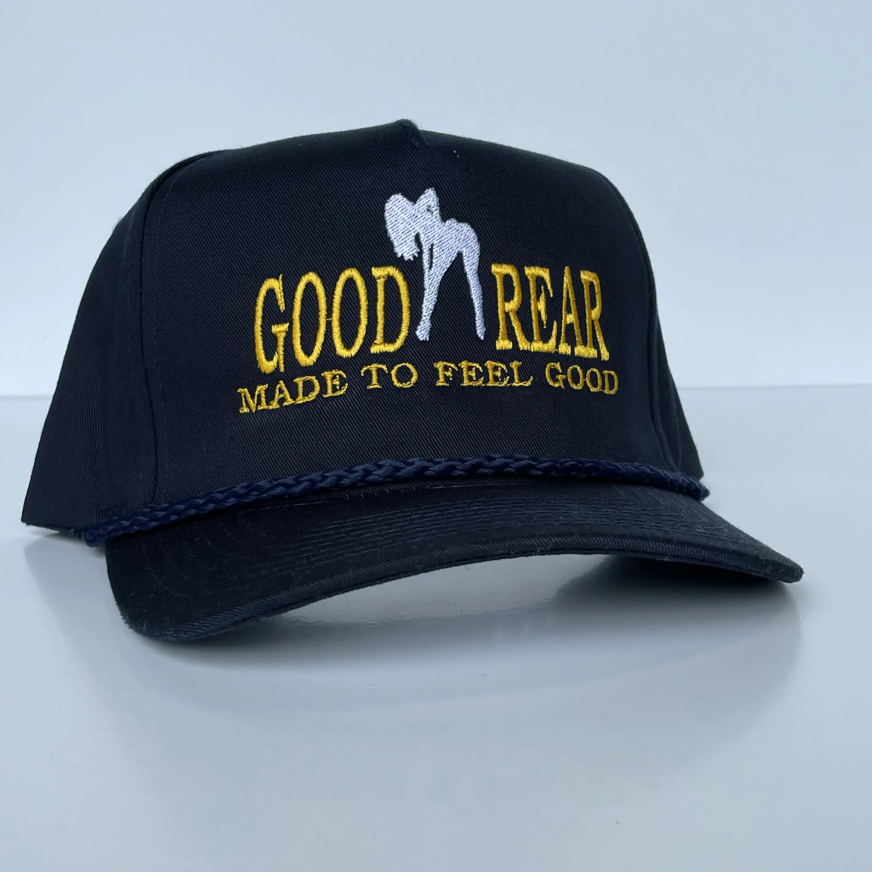GOOD REAR Made To Feel Good Vintage Navy Blue Rope Snapback Tall Crown Cap Hat Funny Custom Embroidery