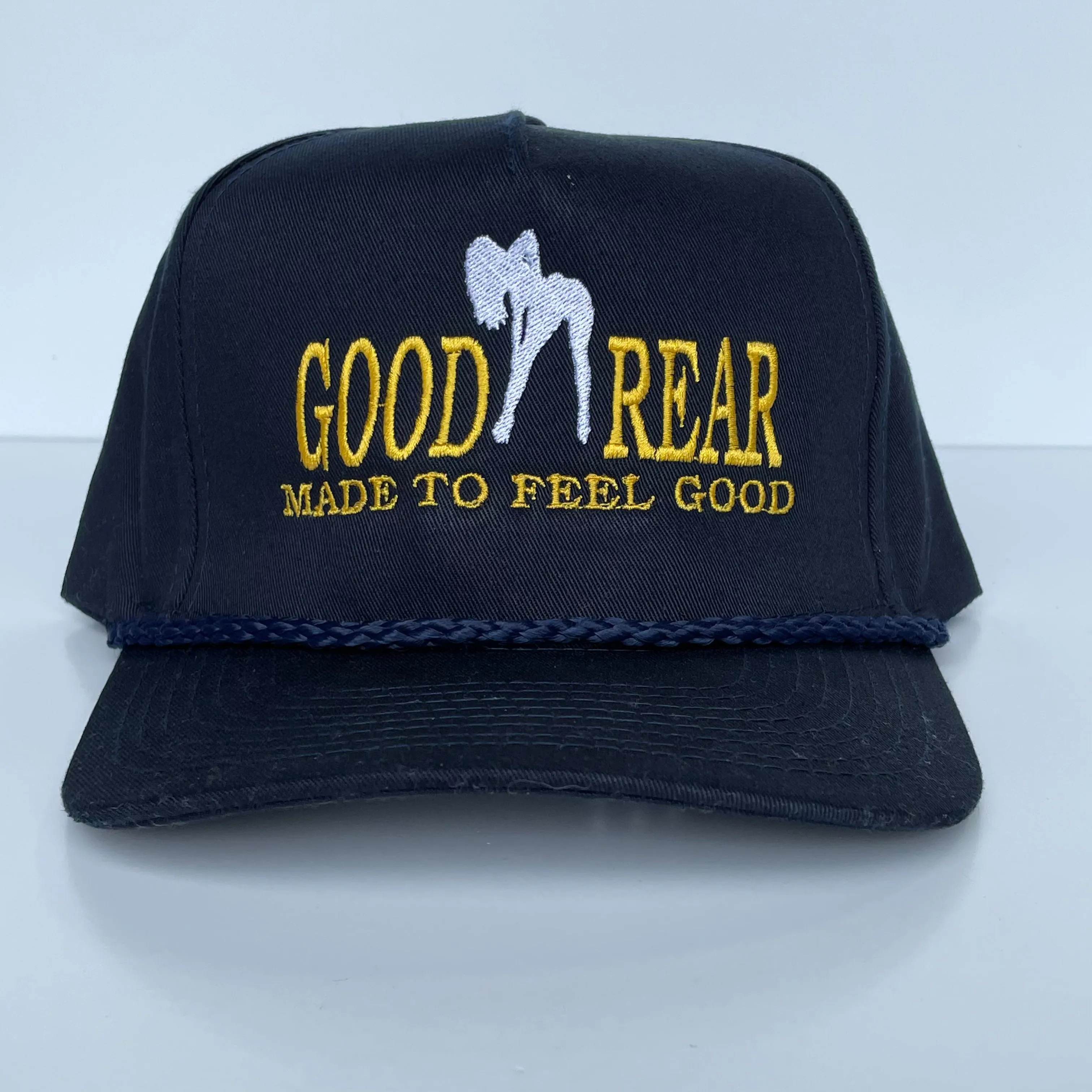 GOOD REAR Made To Feel Good Vintage Navy Blue Rope Snapback Tall Crown Cap Hat Funny Custom Embroidery