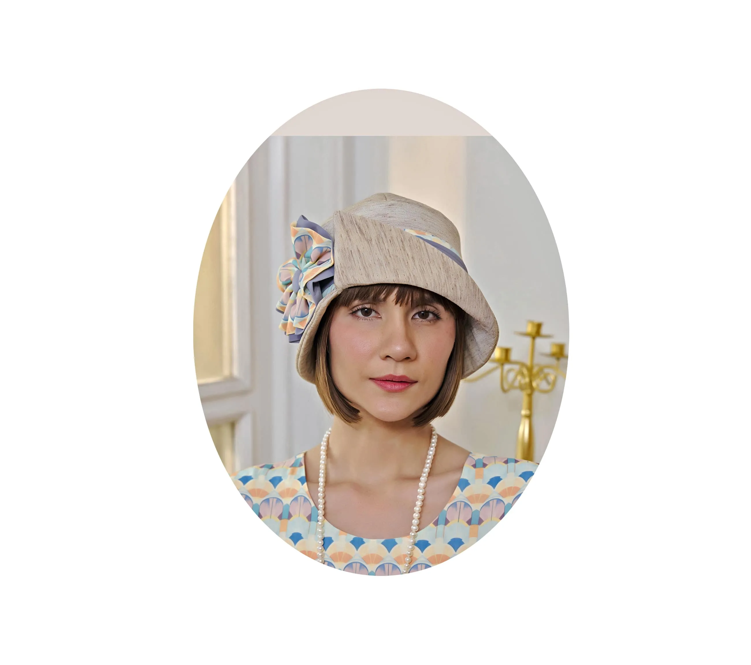 Great Gatsby cloche hat in cream with art deco print