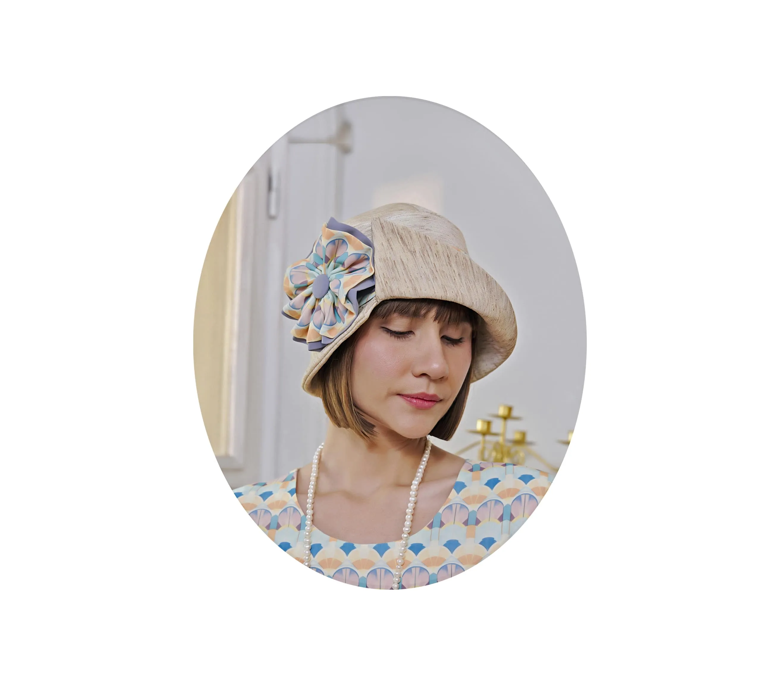 Great Gatsby cloche hat in cream with art deco print