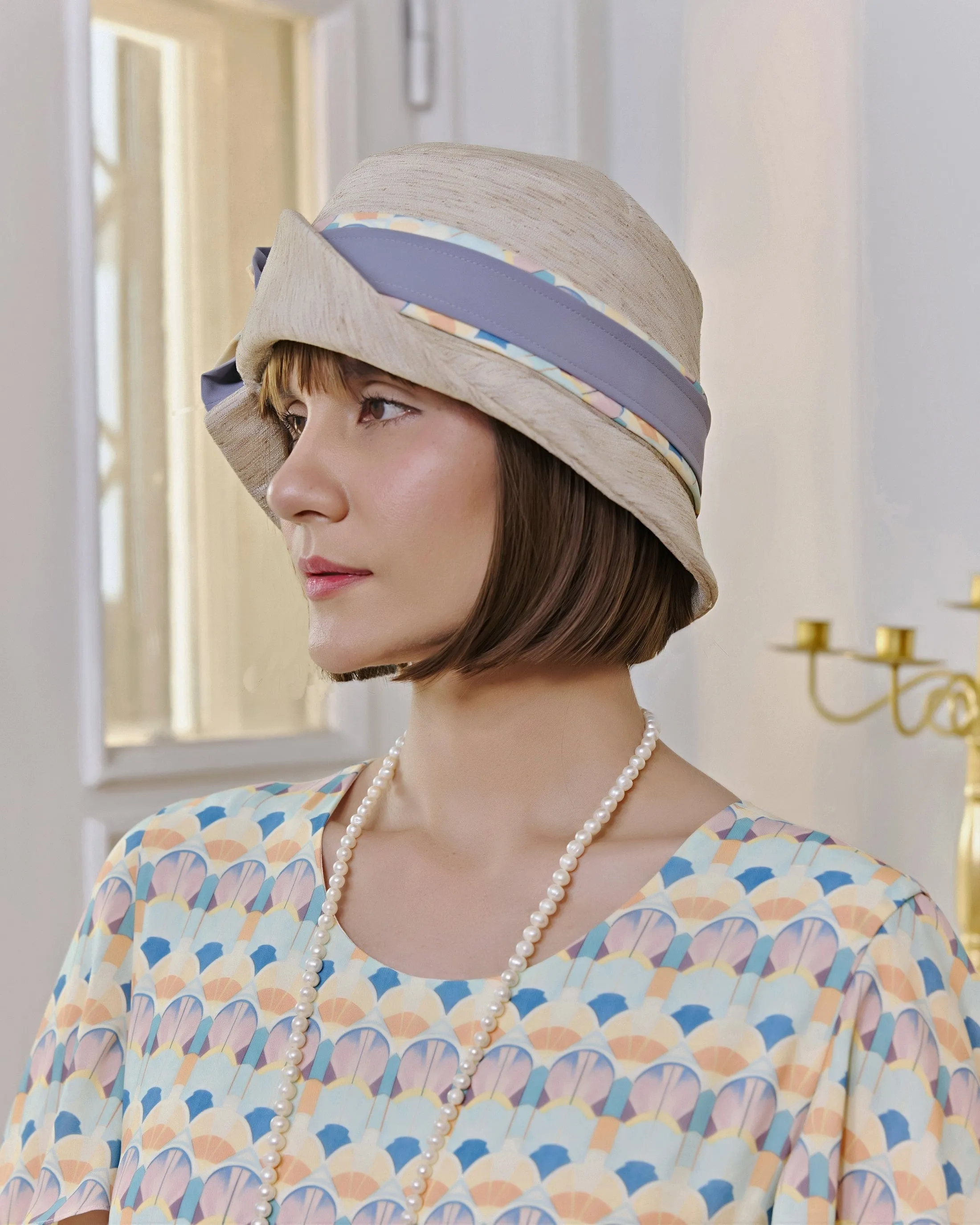 Great Gatsby cloche hat in cream with art deco print