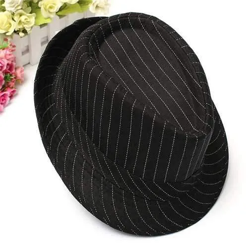Men Women Cotton Fedoras Trilby Hat Bonnet Roll Brim Striped Cap